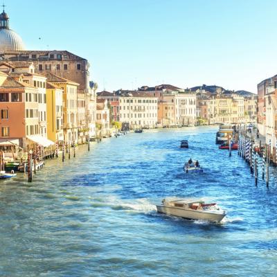 Grand Canal In Venice City Travel Landscape With Boats And Gondola